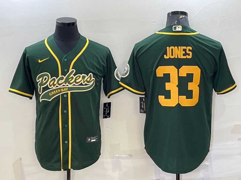 Mens Green Bay Packers #33 Aaron Jones Green Yellow With Patch Cool Base Stitched Baseball Jersey->green bay packers->NFL Jersey